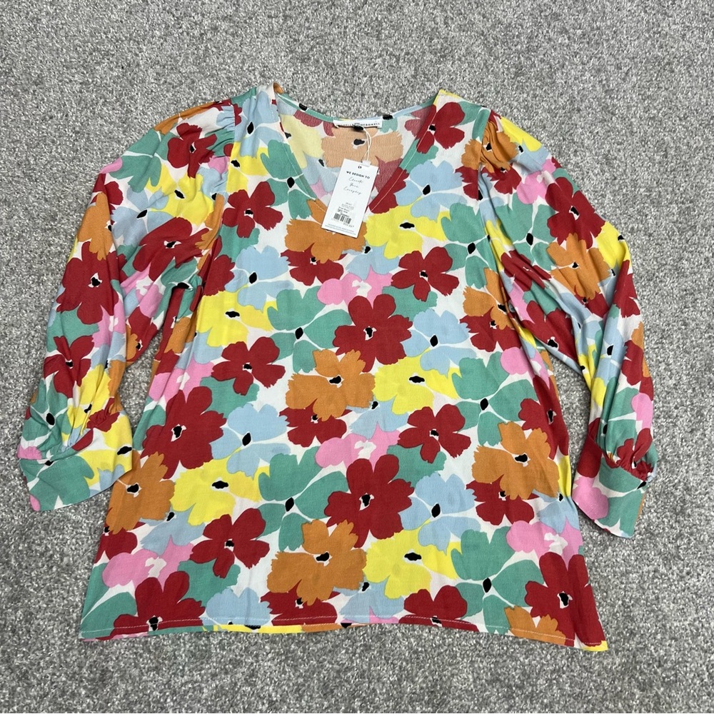 Michelle McDowell Top Women Small Colorful Floral Balloon Sleeve Bloom Again NEW